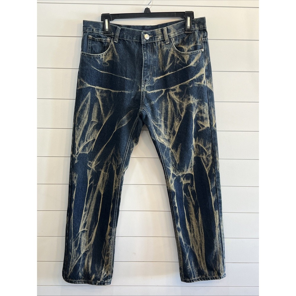 Sacred Crown Mens Boot Cut Jeans Dark Acid Wash Size 34 Actual 36.5X31  Distress